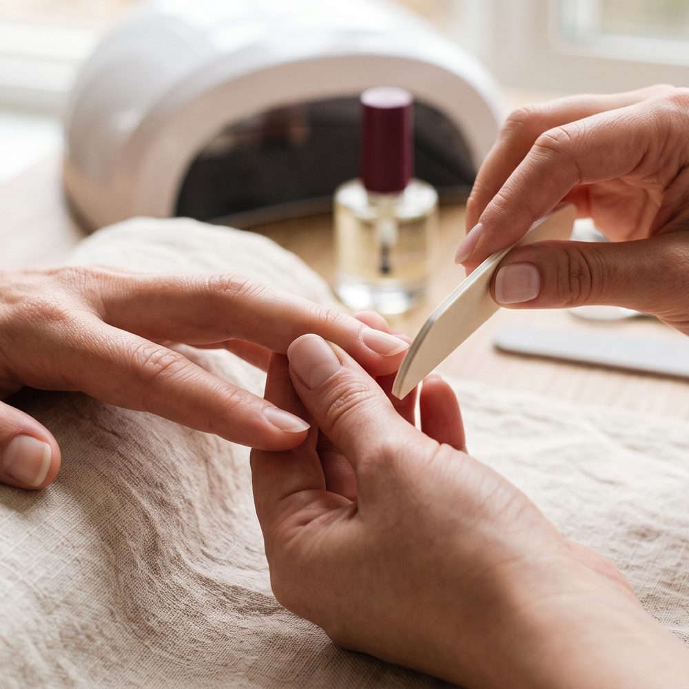Manicurista preparando la placa de la uña con lima